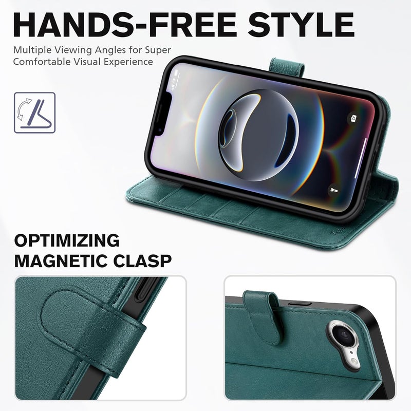 TUCCH Wallet Case for iPhone 16e, Magnetic PU Leather Kickstand Flip Cover with 4 Card Slot Shockproof TPU Interior Shell, [RFID Blocking] Folio Case Compatible with iPhone 16e 5G, Teal Blue - Image 4